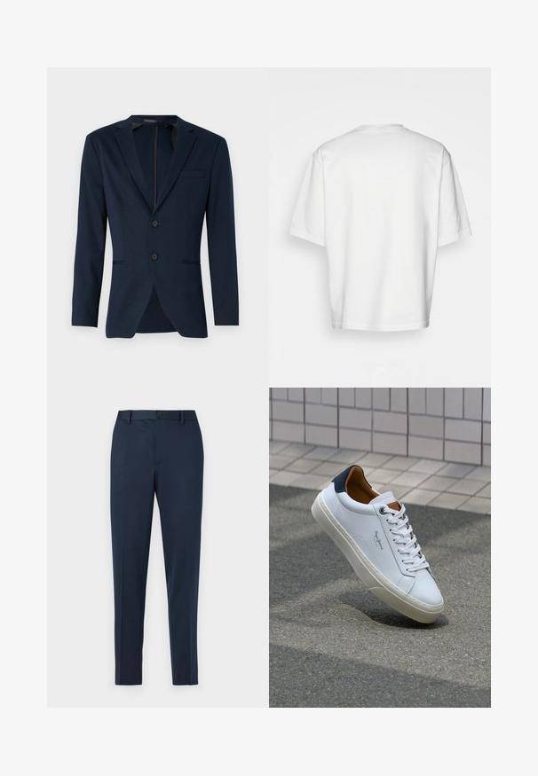 Navy blue blazer with a notched lapel, two front buttons, and a single chest pocket, made from a smooth fabric. Tailored fit.; White, short-sleeved t-shirt with a round neckline, made from cotton. Simple design, no patterns or accents, viewed from the back.; Navy blue tailored trousers with a straight fit, featuring a button closure and belt loops. Made from smooth, lightweight fabric.; White leather sneaker with a navy heel, round toe, and contrasting brown accents. Features flat laces and textured rubber sole.
