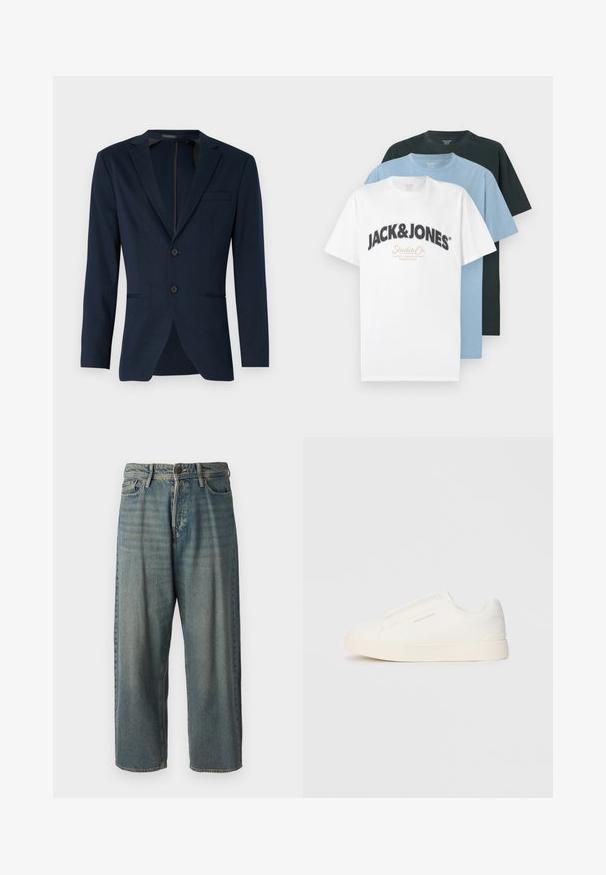 Mornarsko plava blejzer jakna s oštrim reverima, dva prednja gumba i jednim džepom na prsima, izrađena od glatkog materijala. Prilagođeni kroj.; Tri preklopljena majica kratkih rukava s okruglim izrezom u bijeloj boji s Jack & Jones logom, svijetloplava i crna, složene na bijeloj pozadini.; Svijetloplave traperice s širokim krojem, srednjim pojasom i ravnim nogavicama. Ima pet džepova, petlje za remen i kopčanje na gumb.; Bijele slip-on tenisice s teksturiranom površinom, debelim đonom i minimalističkim dizajnom. Sadrže logo branda sa strane.