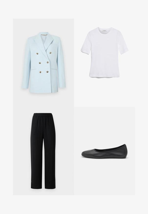 Világoskék, kétsoros blézer sima anyagból, arany színű gombokkal, hajtókás gallérral és egyetlen mellzsebbel.; Fehér, rövid ujjú póló ribbed anyagból. Kerek nyakkivágás, normál szabás és diszkrét varrási részletek. Nincsenek minták vagy grafikák.; Fekete, bő szárú nadrág sima anyagból, elasztikus derékkal. Egyenes szabású, minimális részletezéssel. Kényelmes viselet hétköznapi használatra.; Fekete bőr balettcipő lekerekített orral, sima tekstúrával, minimális varrással és rugalmas talp kialakítással.