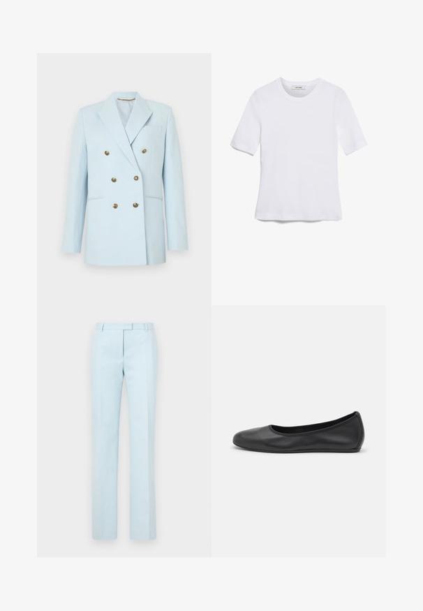 Světlomodrý dvouřadý blejzr z hladké tkaniny, který má zlaté knoflíky, klopové límce a jedno náprsní kapsu.; Bílá tričko s krátkým rukávem vyrobené z žebrované tkaniny. Kulatý výstřih, normální střih a jemné detaily šití. Bez vzorů nebo grafik.; Svetle modré kalhoty na míru se rovnými nohavicemi, plochým předním dílem a poutky na opasek. Vyrobeny z hladkého materiálu, s jemnou teksturou a čistými liniemi.; Černé kožené baletní byty s kulatou špičkou, hladkou texturou, minimálními švy a flexibilním designem podrážky.