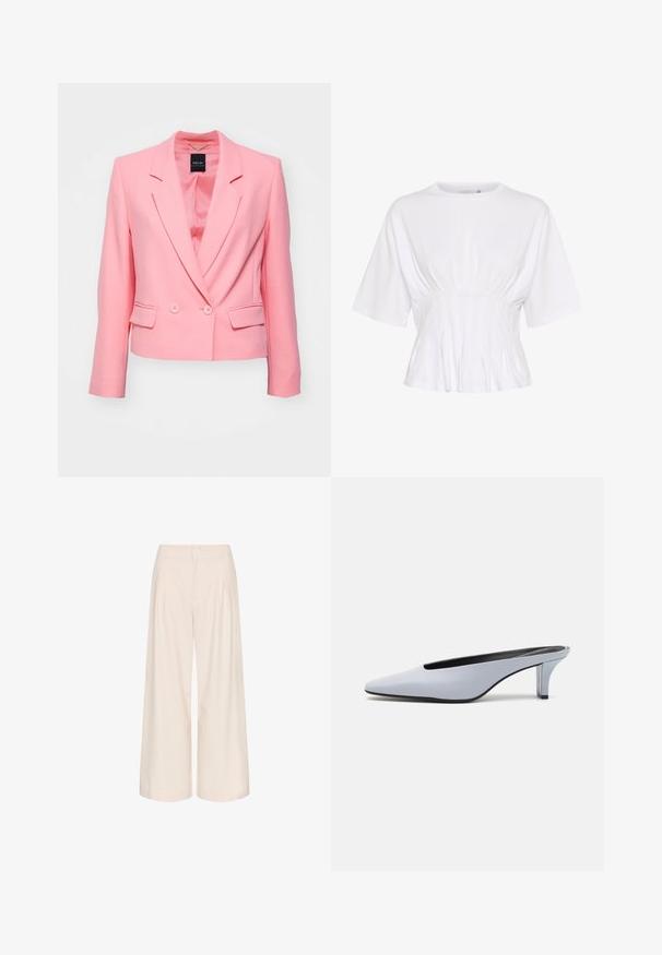 Roze blazer met een getailleerd ontwerp, een enkelvoudige knoopsluiting aan de voorkant, sluiting met twee knopen en twee zijzakken. Gemaakt van gladde stof met notched revers.; Witte top met korte mouwen van zachte stof, voorzien van een ronde halslijn en geplooide details bij de taille voor een getailleerde look.; Crème kleurige wijde pantalon met plooien, gemaakt van een soepele stof. Heeft een hoge taille en zijzakken voor functionaliteit.; Lichtblauwe patentleren mule met een spitse neus, een lage doorzichtige hak, en een strak ontwerp met een uitsparing bij de vamp.
