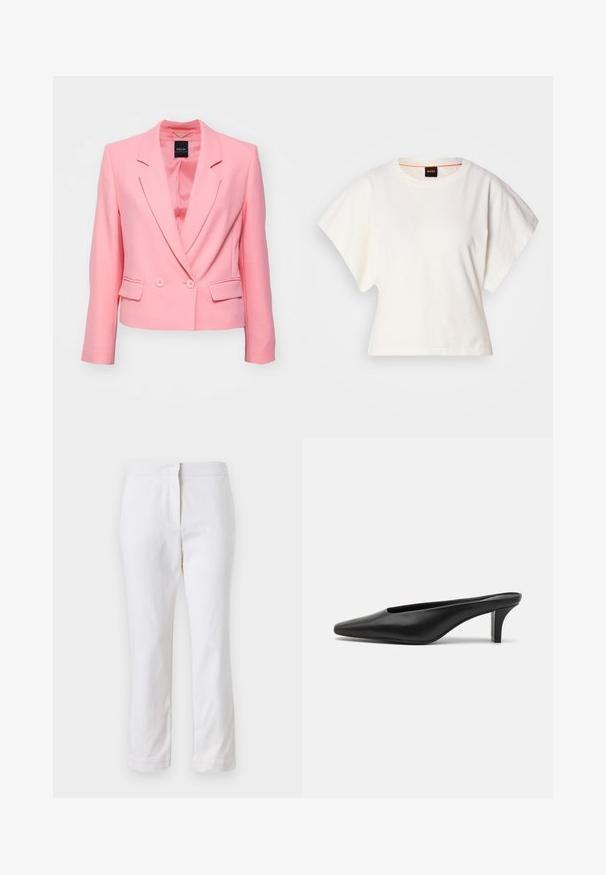 Sacou roz cu un design ajustat, față cu un singur rând de nasturi, închidere cu două nasturi și două buzunare laterale. Fabricat dintr-un material neted, cu rever în formă de cioc.; Tricou alb scurt, cu mâneci scurte și largi, din bumbac moale, cu decolteu rotund și un finisaj subtil portocaliu, design minimalist, fără modele sau grafice.; Pantaloni din bumbac alb, cu un design drept, având talie medie și fără hardware sau modele vizibile. Textură uniformă pe întreaga suprafață.; Mule-uri negre din piele cu vârful ascuțit și toc stiletto mic. Textură netedă, design minimalist și spate deschis pentru un confort sporit.