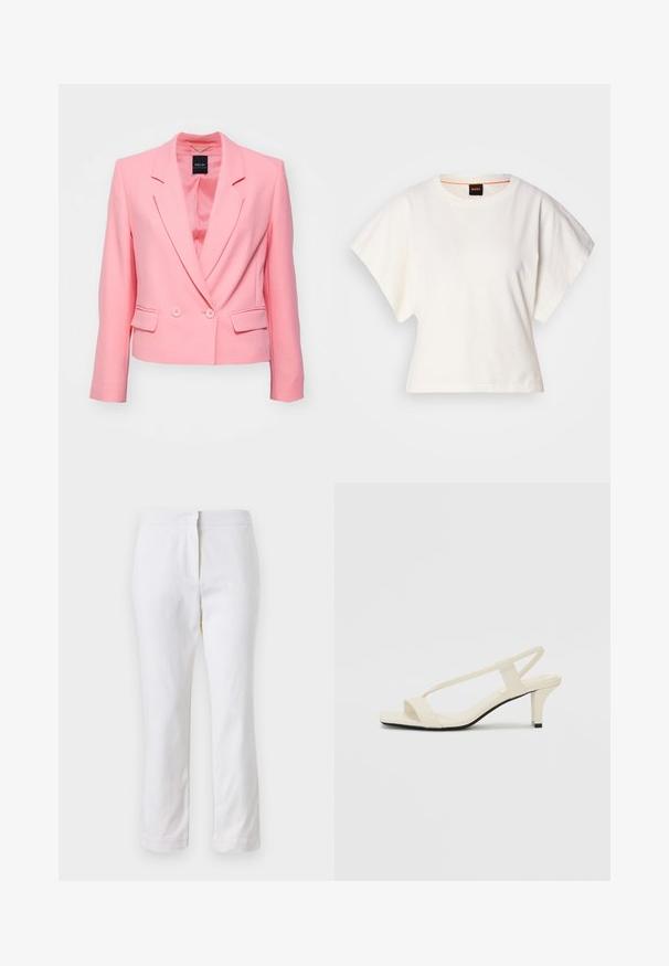 Blazer rose avec un design ajusté, devant à un seul bouton, fermeture à deux boutons et deux poches latérales. Fait en tissu lisse avec des revers crantés.; T-shirt blanc cintré, manches courtes et larges, en coton doux, décolleté rond avec une discrète bordure orange, design minimaliste, sans motifs ni graphiques.; Pantalons en coton blancs avec une coupe droite, dotés d'une taille mi-haute et sans matériel ou motifs visibles. Texture lisse sur l'ensemble.; Sandales beiges à talons carrés avec des fines brides et un bout carré. Matière lisse avec des détails minimaux, conçues pour un port facile.