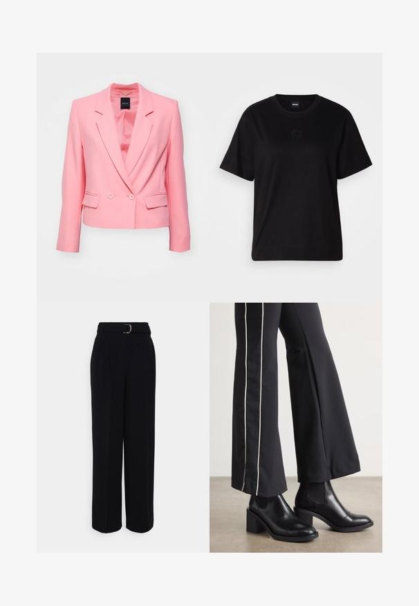 Pink blazer with a fitted design, single-breasted front, two-button closure, and two side pockets. Made of smooth fabric with notch lapels.; Black cotton t-shirt with a crew neckline, short sleeves, and an embroidered logo on the chest. Simple, relaxed fit with no patterns.; Black tailored pants with a wide-leg silhouette, featuring a belt with a silver buckle, pleats, and a smooth fabric texture.; Black leather ankle boots with a block heel, featuring elastic side panels. Paired with black pants that have a white side stripe.