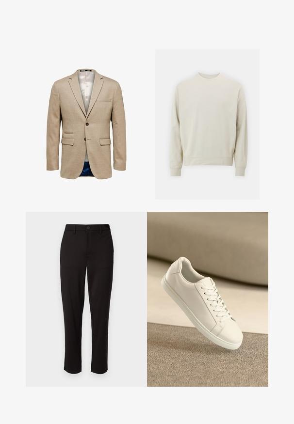 Beige blézer texturált anyagból, két elülső zsebbel, egy mellzsebbel és egy gombos záródással. Világos anyaggal bélelt.; Világos bézs színű pulóver, puha anyagból, kerek nyakkivágással, hosszú ujjal, bordás mandzsettával és aljjal. Minimalista dizájn, nem látható minták.; Fekete nadrág könnyű anyagból, egyenes lábbal, elülső gombos záródással, övhurkokkal és zsebbel az oldalán.; Fehér bőr sneaker fehér fűzőkkel, bézs textúrázott felületen és lágyan elmosódott háttérrel bemutatva.