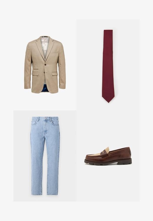 Beżowa marynarka o teksturowanej tkaninie, z dwiema przednimi kieszeniami, kieszenią w klatce piersiowej oraz zapięciem na jeden guzik. Podszewka z jasnego materiału.; Biała, długosleeve koszula zapinana na guziki, wykonana z gładkiego materiału. Posiada klasyczny kołnierzyk, guziki z przodu oraz mankiety zapinane na jeden guzik. Slim fit.; Jasnoniebieskie dżinsy o prostym kroju, pięć kieszeni i zapięcie na guziki. Miękka tekstura z klasycznym wyblakłym wykończeniem.; Brązowe skórzane mokasyny z taupe'owym akcentem z płótna, przeszyciami i teksturowaną gumową podeszwą zaprojektowaną dla komfortu i trwałości.; Burgundzka jedwabna krawat, wąski kształt z gładką teksturą. Posiada spiczasty koniec, jednolitą kolorystykę i gładkie wykończenie.