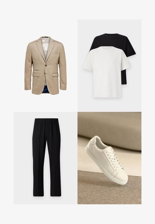 Beige blézer texturált anyagból, két elülső zsebbel, egy mellzsebbel és egy gombos záródással. Világos anyaggal bélelt.; Pamut póló szett, amely egy fekete és egy fehér pólót tartalmaz, mindkettő rövid ujjú, környakú és normál fazonú. Texturált anyag.; Fekete, gumíros derekú nadrág egyenes szabással, sima felülettel, látható minták vagy fémrészek nélkül.; Fehér bőr sneaker fehér fűzőkkel, bézs textúrázott felületen és lágyan elmosódott háttérrel bemutatva.