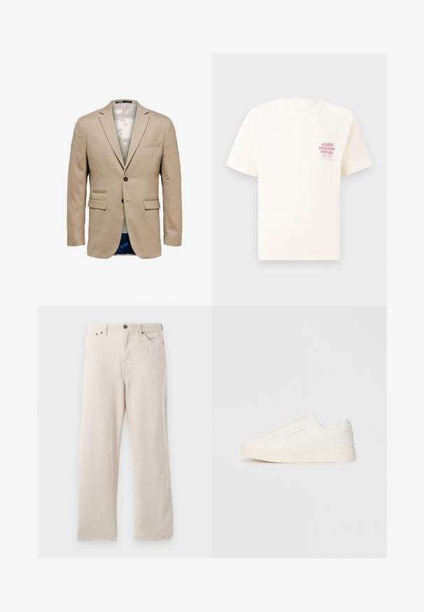 Sacou bej dintr-un material texturat, având două buzunare în față, un buzunar pe piept și închidere cu un singur nasture. Dublat cu un material ușor.; Tricou alb cu mânecă scurtă, având text roșu "Studio Originals Edition" pe partea stângă a pieptului, expus pe un fundal gri neutru.; Pantaloni din bumbac bej cu un croi drept, având o textură cu dungi, un design cu cinci buzunare și sistem de închidere cu nasturi.; Tenisi albi slip-on cu o suprafață texturată, talpă groasă și un design minimalist. Prezintă logo-ul brandului pe lateral.