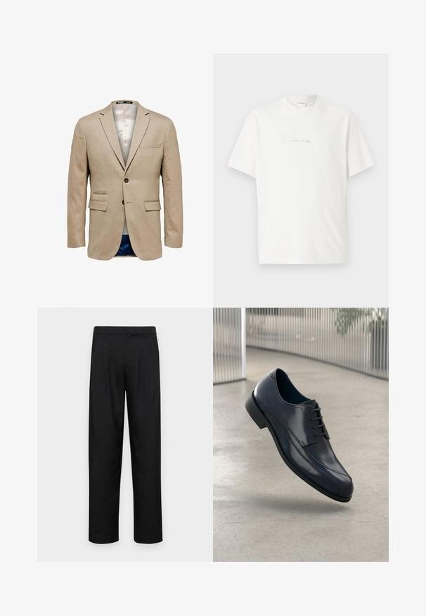 Beige blazer van een gestructureerde stof, met twee voorkruiszakken, een borstzak en een enkele knoopsluiting. Voering van lichte stof.; Witte katoenen t-shirt met een ronde hals, korte mouwen en een klein gedrukt logo aan de voorkant. Gladtextuur en een ontspannen pasvorm.; Zwarte broeken van gladde stof, met een recht model, twee voorknikken en een standaard tailleband met riemlussen.; Glanzende zwarte leren schoenen met veters, zwevend boven een glad, lichtgrijze vloer en verticale metalen stangen op de achtergrond.