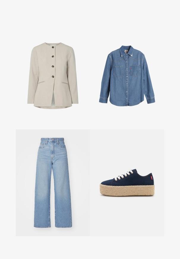 Beige op maat gemaakte blazer met een ronde halslijn, vijf metalen knopen, twee voorzakken en een rechte snit met een geventileerde achterkant.; Lichtblauwe denim overhemden met lange mouwen, puntige kraag, twee borstzakken en contrasterende stiksels. Heeft een westers stijl yoke ontwerp.; Lichtblauwe high-waist wijde jeans met een knoop- en ritssluiting aan de voorkant, voor- en achterzakken, op een witte achtergrond.; Marine canvas platform sneakers met beige jute zool, witte veters en roségouden ogen. Voorzien van een verhoogde hak en textielstructuur.