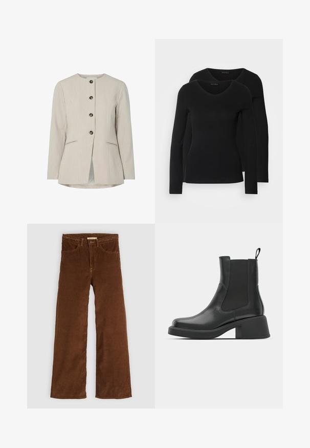 Beige skräddarsydd kavaj med rund halsringning, fem metallknappar, två framfickor och rak skärning med ventilerad bak.; Två svarta långärmade tröjor med V-ringning, tillverkade av mjukt, stretchy tyg, som visar en slät textur och en figursydd form.; Bruna kordfläskbyxor med vida ben och en texturerad yta, med en flätad midja, två framfickor och en klassisk dragkedja.; Svarta läderankelstövlar med elastiska sidopaneler, rund tå och en kraftig klack. Slät textur med en minimalistisk design.