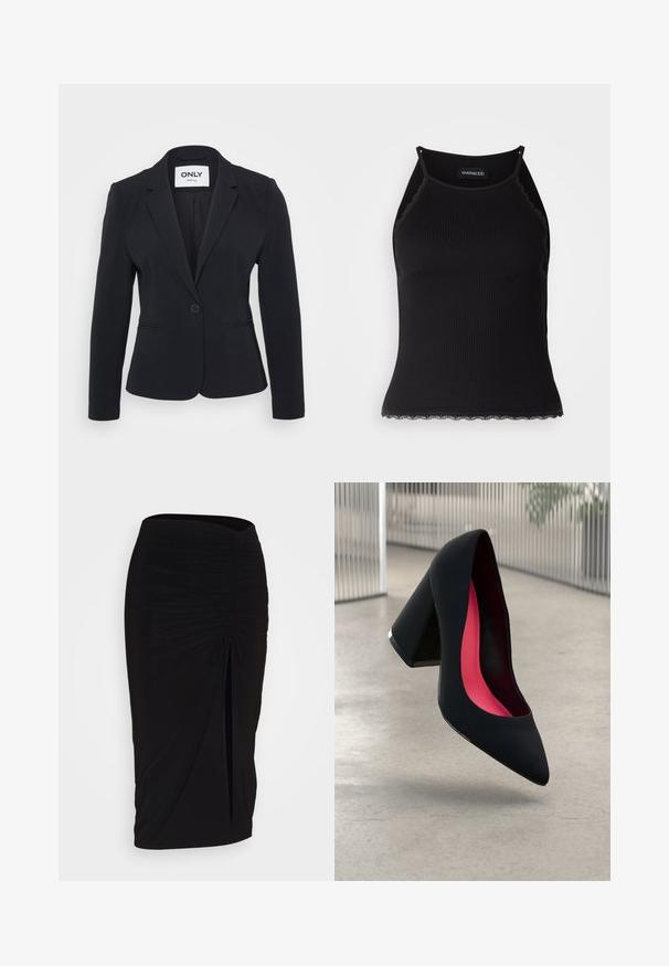 ONLY Petite ONLKYRA LIFE FIT - Bleizeris - black; Juodas raštuotas marškinėlis be rankovių su banginiu nėriniu apdaila apatine dalimi. Savybės: plonos petnešos ir prigludusi forma. Pagaminta iš tamprios medžiagos.; Juoda, raukšlėta pieštuko sijonas su raišteliu ir šoniniu įpjovimu. Pagamintas iš elastingos medžiagos, pasižymi lygiu paviršiumi ir prigludusia forma.; Juodas aukštakulnis batai su smailiu pirštu, su tekstūruota paviršiumi ir ryškiai rožiniu vidumi. Su tiek dideliu kulnu, tiek sidabriniu akcentu.