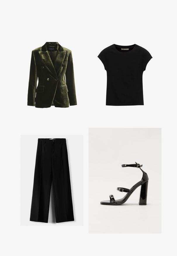 Olivovo zelený sametový dvojradový blejzer so širokými klopami, dvoma prednými vreckami a okrúhlymi gombíkmi; hladká štruktúra s pevným tvarom.; Čierne tričko s krátkym rukávom a okrúhlym výstrihom. Vyrobené z hladkej, elastickej bavlnenej tkaniny. Jednoduchý dizajn bez vzorov alebo grafiky.; Čierne široké nohavice z ľahkého materiálu, s predným zapínaním na gombík a plochým predným dielom, s pekne ušitými lemami.; Čierne lakované sandále na podpätku so štvorcovou špičkou, navlečenými remienkami okolo členku a striebornými prackami. Disponujú masívnym blokovým podpätkom pre stabilitu.