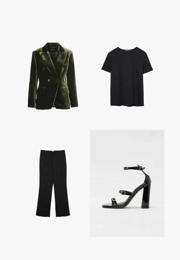 Olivi vihreä samettinen kaksirivinen bleiseri leveillä kauluksilla, kahdella etutaskulla ja pyöreillä napeilla; sileä rakenne ja jämäkkä muoto.; Yksinkertainen lyhythihainen musta puuvillapaidan t-paita, jossa on pyöreä kaula-aukko, esitetty valkoisella taustalla.; Mustat housut suoralinjaisella leikkauksella, joissa on etutaskut ja sivurei'ät helman alla. Valmistettu pehmeästä ja sileästä kankaasta. Sopii eri tilaisuuksiin.; Musta kiiltävä korkokenkä sandaalit neliönmuotoisella varpaalla, nilkkaremmillä ja hopeisilla soljilla. Varustettu tukevalla lohkokorkealla vakauden takaamiseksi.