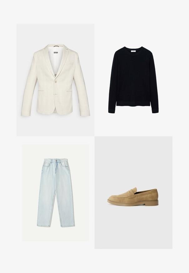 Beżowy żakiet z subtelnym wzorem w kratę, dwoma przednimi kieszeniami, zapięciem na pojedynczy guzik i klapami. Gładka faktura materiału.; Czarny, prążkowany sweter z długim rękawem, z okrągłym dekoltem i subtelną teksturą. Zakończone mankiety i dół swetra podkreślają jego zorganizowany krój.; Jasnoniebieskie dżinsy o luźnym kroju, prostych nogawkach, pięcioma kieszeniami oraz delikatnym wyblaknięciem materiału.; Kremowe zamszowe mokasyny z okrągłym noskiem, niskim blokowym obcasem i przeszyciami na wierzchu. Gładka tekstura i minimalistyczny design.