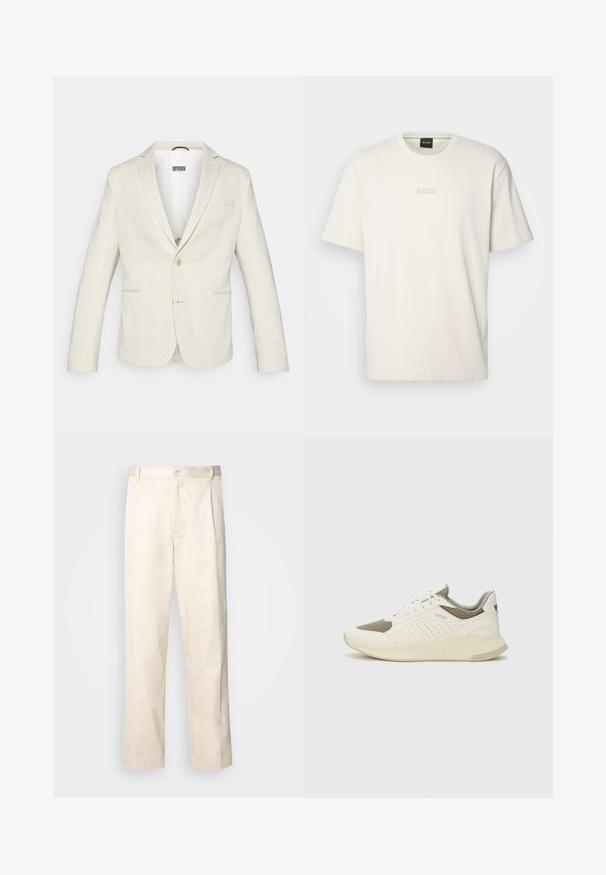 Beige blazer with a subtle checked pattern, two front pockets, single button closure, and notched lapels. Smooth fabric texture.; BOSS TEE - Basic T-shirt - open white; Beige cotton trousers with a straight-leg cut, featuring a button closure and pleats at the front for added detail.; White and light beige athletic sneaker, featuring a mesh upper, perforated detailing, and a textured midsole with branding on the heel.