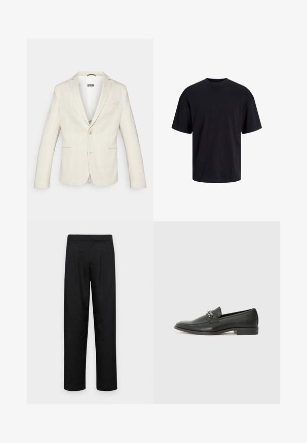 Beige blazer med et subtilt rutemønster, to frontlommer, enkelt knappelukking og notched lapels. Glatt stofftekstur.; Svart bomull t-skjorte med rund hals, korte ermer og en avslappet passform. Glatt tekstur uten synlige mønstre eller detaljer.; Sorte bukser laget av glatt stoff, med rette ben, to frontfoldninger og standard liv med beltehemper.; Sorte skinnloafers med en glatt finish, og med en sydd design og en dekorativ metallkjedeakcent over foten. Flat hæl.