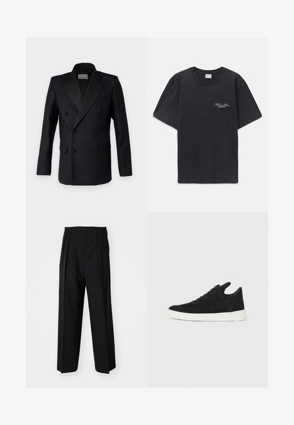 Sacou negru cu două rânduri de nasturi, cu reveruri din satin, umeri structurați, două buzunare frontale și detalii cu nasturi. Textură fină, croi ajustat.; Tricou negru cu mânecă scurtă și gât rotund, având un mic logo alb "Filling Pieces" pe partea stângă a pieptului.; Pantaloni negri plisat cu un design drept și pantaloni largi. Construiți dintr-un material neted, prevăzuți cu închidere cu nasture și bucle pentru curea.; Sneakers negre din suede cu o talpă din cauciuc albă, prezentând cusături tonale și un design cu șireturi. Textură netedă cu o formă modernă și aerodinamică.