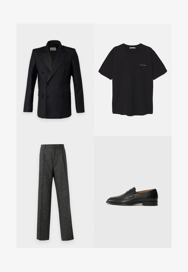 Czarna marynarka dwurzędowa z satynowymi klapami, wyraźnie zarysowanymi ramionami, dwiema kieszeniami z przodu oraz detalami w postaci guzików. Gładka tekstura, dopasowany krój.; Czarny bawełniany T-shirt z okrągłym dekoltem, krótkimi rękawami i białym nadrukiem logo na lewej piersi. Prosty, jednolity kolor.; Szare spodnie o dopasowanym kroju wykonane z teksturowanej tkaniny, z dwoma fałdami z przodu i prostymi nogawkami. Brak widocznych kieszeni i zdobień.; Czarne skórzane mokasyny z zaokrąglonym noskiem, subtelnymi przeszyciami i niskim obcasem, charakteryzujące się gładką teksturą i minimalistycznym designem.