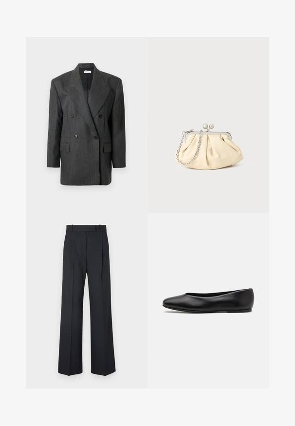 Double-breasted gray blazer with vertical pinstripes, large lapels, two front pockets, and black buttons. Structured fit, wool blend material.; Black knit sweater with long sleeves, crew neckline, and a small white heart on the chest. Soft texture and ribbed cuffs and hem.; Dark blue pinstriped trousers with a high waist, wide leg design, and no visible hardware or embellishments. Smooth texture and tailored fit.; Paul Smith TOPANGA - Ballet pumps - black; Pleated beige leather clutch with a silver metal frame, featuring two round decorative clasps and a silver chain strap.