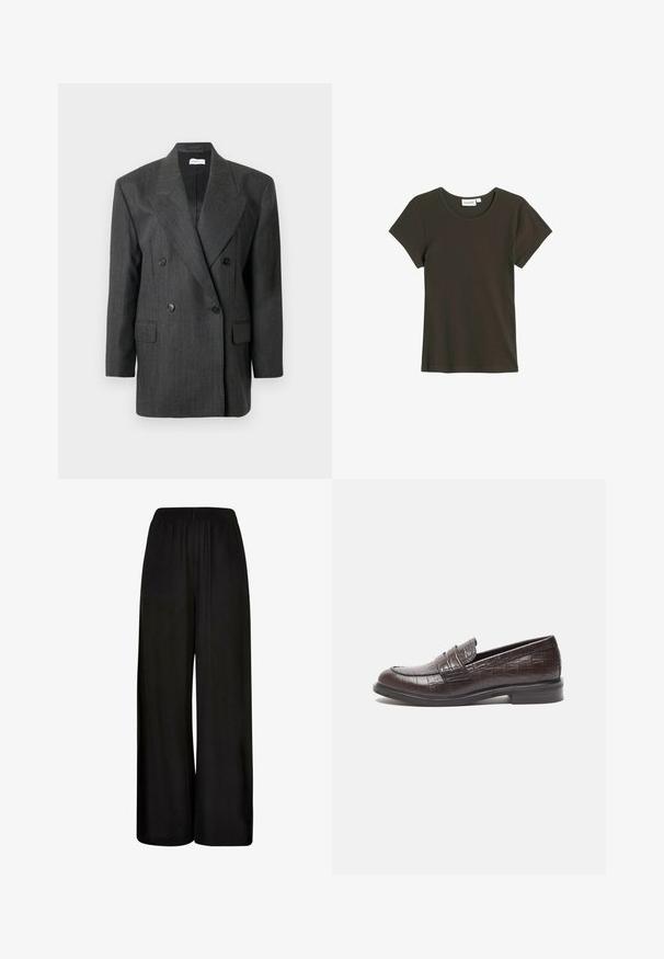 Grau meliertes, doppelt geknöpftes Blazer mit vertikalen Nadelstreifen, großen Revers, zwei Fronttaschen und schwarzen Knöpfen. Strukturiert geschnitten, aus einem Wollmischmaterial.; Dunkelgrünes T-Shirt mit kurzen Ärmeln, gefertigt aus weichem, geripptem Stoff, mit Rundhalsausschnitt und lockerer Passform, das minimale Nähte aufweist.; Schwarze, weit geschnittene Hose aus einem glatten Stoff. Verfügt über einen elastischen Bund und eine lockere, fließende Passform für Komfort und Bewegungsfreiheit.; Dunkelbraune Lederloafers mit Krokodilstruktur, flachem Absatz und gesteppten Details an der Vorderseite für zusätzlichen Stil.