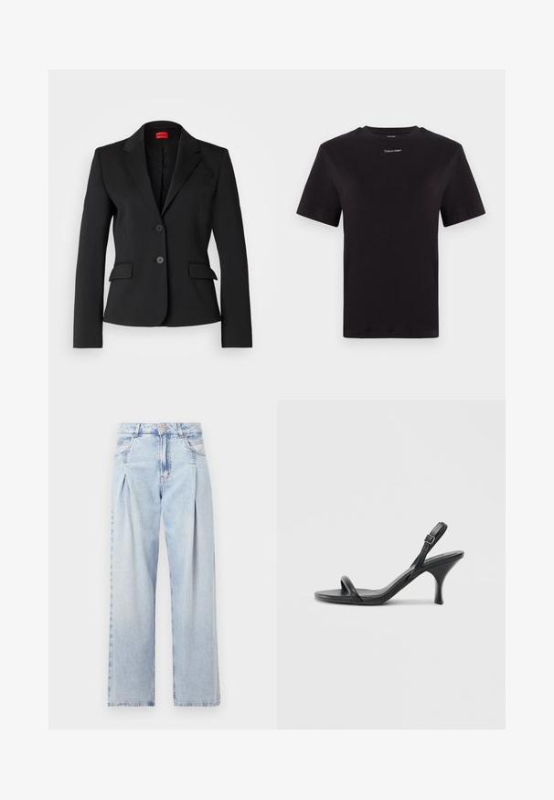 Fekete zakó sima anyagból, kifinomult hajtókás gallérral, két elülső zsebbel és kétsoros gombolással. Bélelt belső rész logós mintával.; Fekete pamut póló rövid ujjakkal, kerek nyakkivágással és kis fehér "Calvin Klein" logóval a mellkasnál. Simás textúra, klasszikus fazon.; Világoskék farmernadrág magas derekú, bő szabású, két oldalsó zsebbel és pliszírozott dizájnnal. Puha tapintású, elhalványított felület.; Fekete bőrből készült, magassarkú szandál, vékony, ívelt sarokkal és keresztben átkötött pántokkal. Állítható bokapánt. Sima felület.