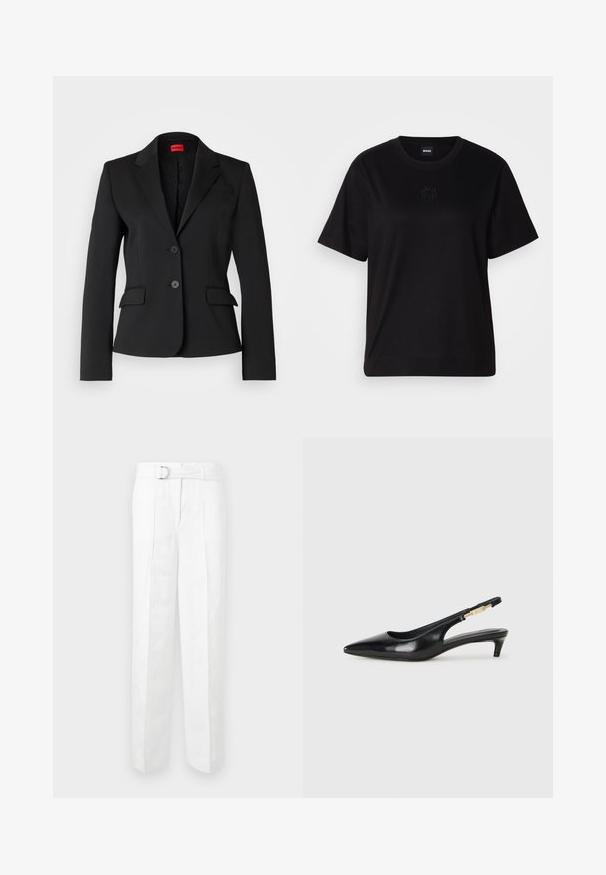 Melnā žakete, kas izgatavota no gludas auduma, ar iegriezumu apkakli, divām priekšējām kabatām un divu pogu aizdari. Iekšpuse ar oderi, kas izrotāta ar logo rakstu.; Melna kokvilnas T-krekls ar apaļu izgriezumu, īsām piedurknēm un izšūtu logotipu uz krūtīm. Vienkāršs, brīvs piegriezums bez rakstiem.; Baltie pielāgotie bikses ar platām kājām, jostas cilpām un jostu ar sudraba sprādzi. Izgatavotas no viegla auduma ar gludu tekstūru.; Melnas ādas slingback zābaki ar smailu purngalu, ar šauru papēdi un zelta krāsas akcentu uz regulējama siksniņas. Gluda tekstūra.