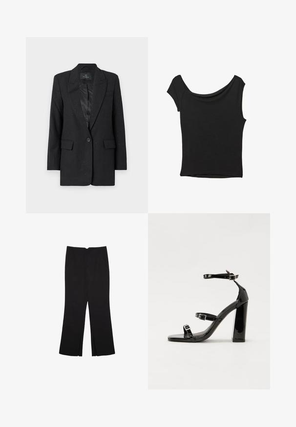 Bruuns Bazaar CORYMBIA - Blazer - black; Sort kortærmet top lavet af glat stof; har en draperet halsudskæring og en asymmetrisk kant, med en tætsiddende pasform.; Sorte bukser med lige pasform, der har frontlommer og slidser i kanten. Lavet af blødt, glat stof. Velegnet til forskellige anledninger.; Sorte patenterede hælsandaler med firkantet tå, ankelremme og sølvspænder. Har en chunky blokHæl for stabilitet.