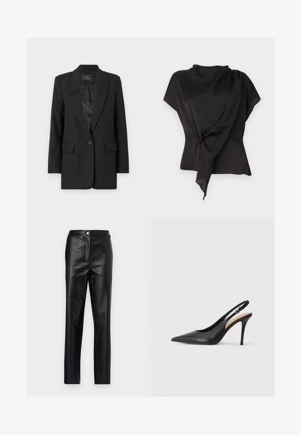 Bruuns Bazaar CORYMBIA - Blazer - black; Svart bluse laget av glatt stoff, med et drapert design og en knyttedetalj i livet samt korte ermer.; Sorte fake skinnbukser med krokodillemønster, slim fit, design med rette ben, med knappelukking foran og standard liv.; Svart lær slingback høye hæler med spiss tå, glatt tekstur og en delikat stropp med en metallisk spenne.