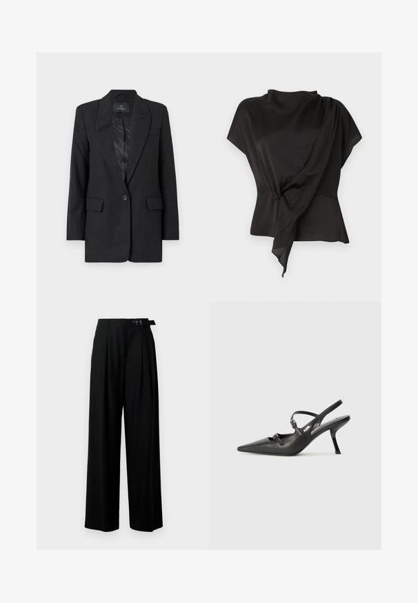 Bruuns Bazaar CORYMBIA - Blazer - black; Black blouse made of smooth fabric, featuring a draped design with a knotted detail at the waist and short sleeves.; Black wide-leg trousers with a high waist, pleats at the front, and a belt featuring a buckle. Made from smooth, lightweight fabric.; Black leather slingback heels with a pointed toe, slender heel, and decorative buckle detail on the vamp. Smooth texture and sleek design.