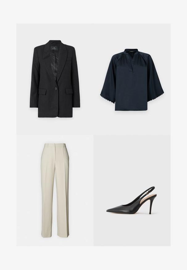 Bruuns Bazaar CORYMBIA - Suknjič - black; Temno modra bluza z mehkim satenskim videzom, razpokanimi ovratnicami in širokimi valovitimi rokavi. Ohlapen kroj za udobje.; Bež hlače s prilagojenim krojem in ravnim rezom, s sprednjimi pregibi, ravnim pasom in gladko teksturo za čist videz.; Črne usnjene sandale s peto s konicami, gladko teksturo in nežnim trakom z kovinsko zaponko.