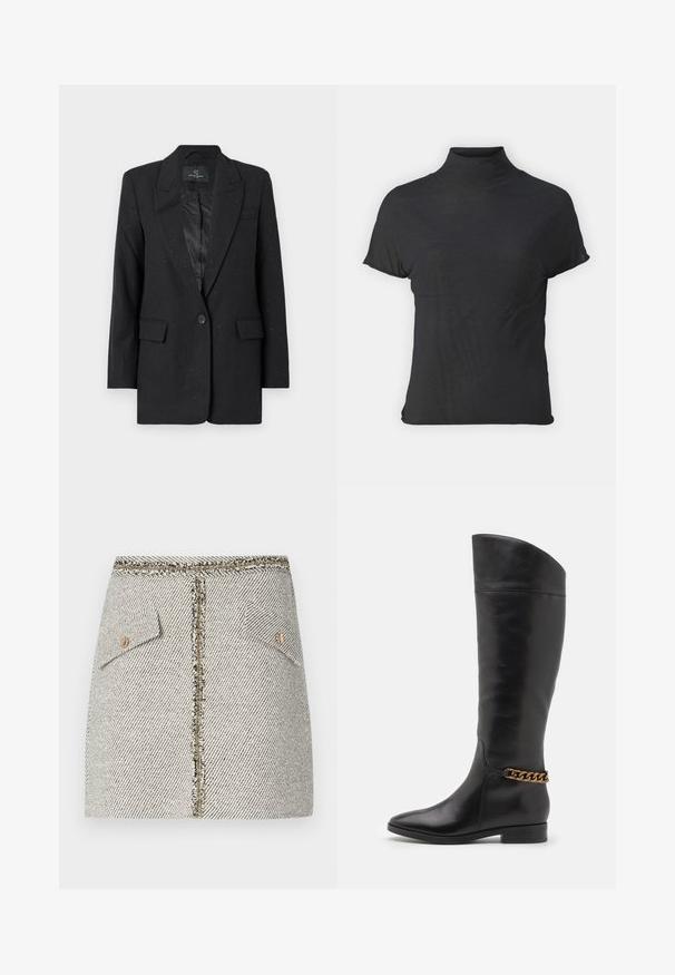 Bruuns Bazaar CORYMBIA - Blazer - black; Zwarte korte mouwen coltrui gemaakt van lichtgewicht stof met een gladde textuur en een getailleerde pasvorm, met een hoge halslijn.; Geweven tweed rok in een zwart-wit visgraatpatroon, met twee voorzakken en een gouden rits aan de achterkant met rafelige randen.; Hoge zwarte leren laarzen met een slank ontwerp, spitse neus en een gouden kettingaccent bij de enkel. Lage blokhak. Glad textuur.