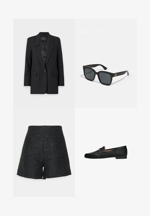 Bruuns Bazaar CORYMBIA - Blazer - black; Schwarzes T-Shirt mit kurzen Ärmeln aus glattem Stoff. Verfügt über einen Rundhalsausschnitt ohne sichtbare Muster oder Akzente und bietet ein einfaches Design.; Schwarze gewobene Shorts mit einer strukturierten Oberfläche und einem subtilen Glanz. Merkmale sind eine hohe Taille und eine strukturierte A-Form.; Manfield Slipper - schwarz; Schwarze Sonnenbrille mit rechteckigen Gläsern, ausgestattet mit einer glänzenden Oberfläche und goldenen Logo-Akzenten an den Bügeln. Dunkelgraue Gläser bieten UV-Schutz.