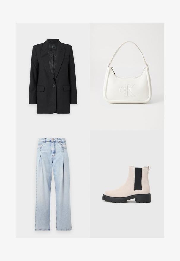 Bruuns Bazaar CORYMBIA - Blazer - black; Sort bomulds t-shirt med rund hals, korte ærmer og blåt broderet "Calvin Klein JEANS" logo på fronten.; Lyseblå denim jeans med høj talje, bred benåbning, to sidelommer og plisseret design. Blød tekstur med et falmet finish.; Beige ruskind Chelsea-støvle med sort elastisk sidepanel, chunky sort sål og hæftetap ved anklen.; Hvid lædertaske med en buet form, der har et præget "CK"-logo på fronten og en enkelt skulderrem. Lynlåslukning i toppen.
