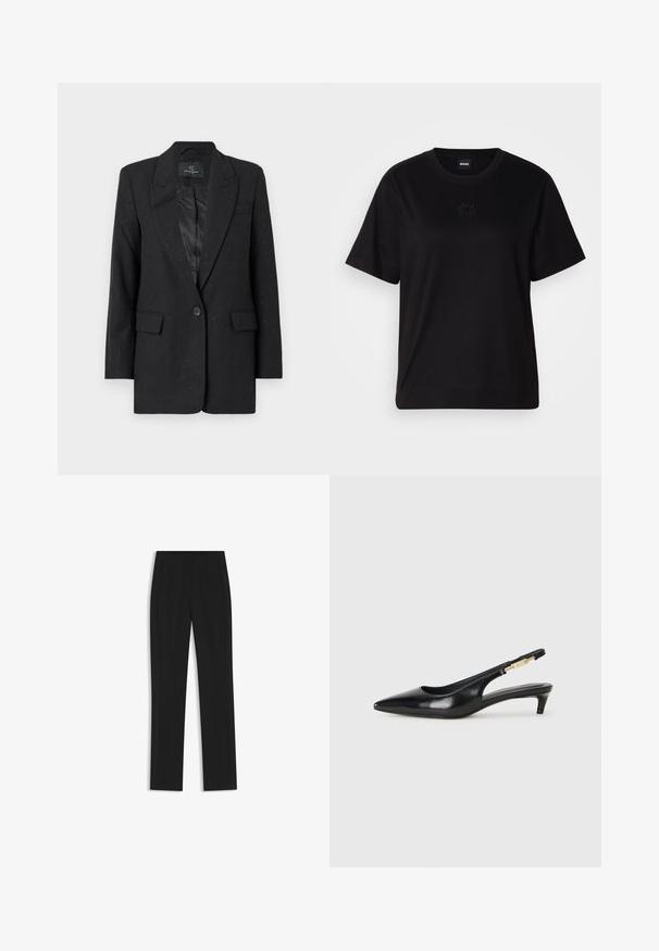 Bruuns Bazaar CORYMBIA - Blazer - black; Maglietta in cotone nera con scollatura tonda, maniche corte e logo ricamato sul petto. Design semplice e vestibilità rilassata senza motivi.; Pantaloni neri su misura con un design a gamba dritta, dotati di tasche frontali e un tessuto liscio e strutturato. Dettagli ordinati e minimalisti.; Tacchi slingback in pelle nera con punta affusolata, caratterizzati da un tacco alto e un accento dorato sulla cinghia regolabile. Texture liscia.