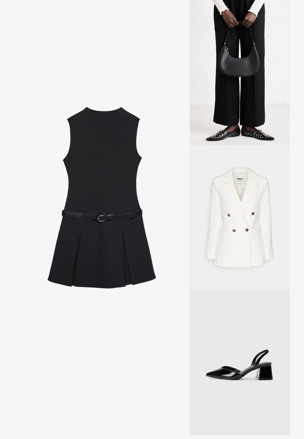 Doppelt knöpfbares weißes Blazerjackett aus glattem Stoff, mit goldenen Dekorationsknöpfen, Reverskragen und zwei Seitentaschen.; Ärmelloses schwarzes Kleid mit tailliertem Oberteil, ausgestelltem gefälteltem Rock und einem schmalen schwarzen Gürtel mit silberner Schnalle an der Taille.; Schwarze Lackleder-Slingback-High Heels mit spitzem Schuh und einem geometrischen Blockabsatz. Verfügt über ein schlankes, minimalistisches Design und eine glatte Textur.; Schwarze Leder-Schultertasche mit runder Form, glänzender Oberfläche und silbernem Beschlag. Person trägt schwarze weit geschnittene Hosen und Nieten-Loafers.
