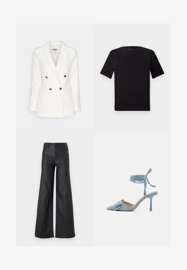 Balta dvigubo užsegimo švarkas, pagamintas iš lygaus audinio, su auksinėmis dekoratyvinėmis mygtukais, įpjovomis apykaklėmis ir dviem šoninėmis kišenėmis.; Juodas trumpas rankovės marškinėlis su apvaliu iškirpimu, pagamintas iš minkštos medvilnės medžiagos. Paprastas dizainas, be matomų logotipų ar raštų.; Juodos, plačios kelnės iš dirbtinės odos. Yra aukštas liemuo, kilpelės diržui, dvi priekinės kišenės ir siuvinėti detalėmis.; Šviesiai mėlynos audinio aukštakulnės bateliai su smailiu galiuku ir tekstūruotu paviršiumi, su dekoratyviniu kaspinėliu ir kulkšnies juostele, užtikrinančia tvirtą prigludimą.