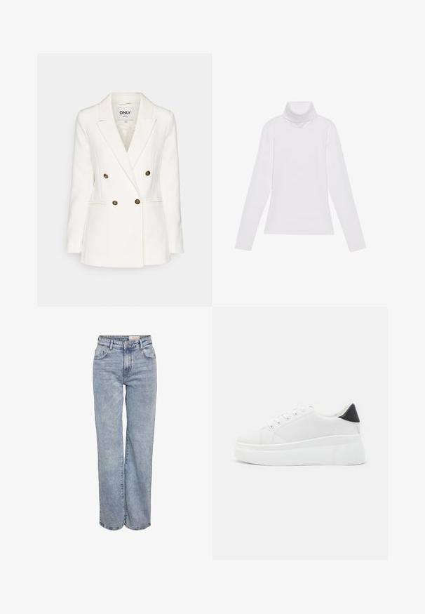 Double-breasted white blazer made of smooth fabric, featuring gold decorative buttons, notched lapels, and two side pockets.; White long-sleeve turtleneck top made of smooth, stretchy fabric. Features a high collar and fitted design, with no visible patterns or embellishments.; Light blue wide-leg jeans made from denim, featuring a high waist, five-pocket design, and subtle fading for a worn-in look.; White platform sneakers made of smooth synthetic material, featuring a rounded toe, lace-up design, and a textured rubber sole. Black heel accent.