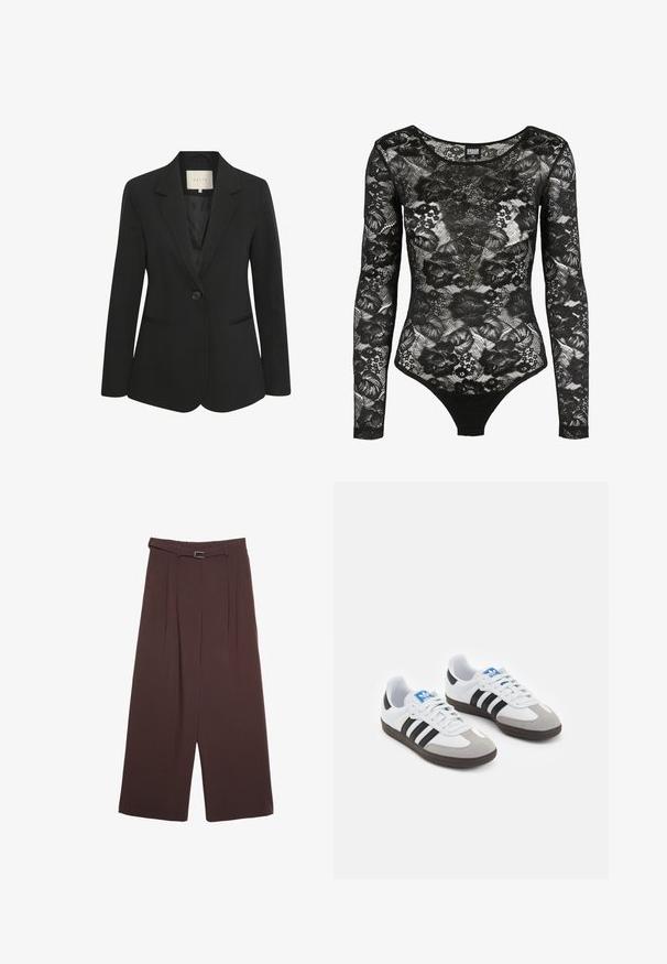 Blazer noir en tissu lisse, doté d'une fermeture à un seul bouton, de revers crantés, de deux poches avant et d'une coupe ajustée.; Bodysuit en dentelle noire avec des manches longues, motifs floraux et encolure dégagée ; présente une coupe string à l'arrière pour une silhouette ajustée.; Stradivarius WIDE-LEG WITH BUCKLE DETAIL - Pantalon classique - dark brown; Baskets avec une tige en cuir blanc, un bout en daim gris et trois bandes noires. Présente un logo bleu sur la languette et une semelle en caoutchouc texturée.