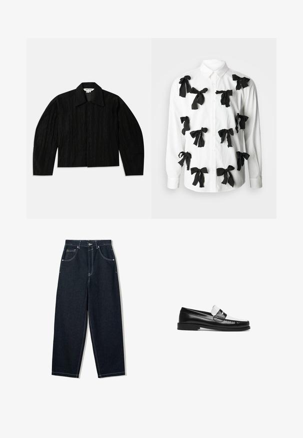 Črna skrajšana jakna z teksturirano površino, širokim ovratnikom in dolgimi, rahlo oblikovanimi rokavi. Ima skrito sprednje zapiranje.; Sister Jane PENNY BOW UNISEX - Bluza z gumbi - white; Široke temno jeans hlače z belo kontrastno šivanko, petimi žepi in gumbom za zapiranje. Imajo visok pas.; Črne in bele usnjenke s sijajno končano površino, z ravnim podplatom, šivanimi detajli in okrasnim trakom čez zgornji del.