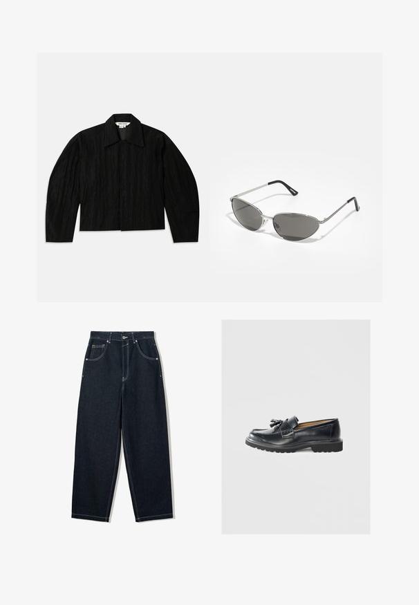 Giacca nera corta con superficie strutturata, colletto ampio e maniche lunghe, leggermente affusolate. Presenta una chiusura frontale nascosta.; T-shirt bianco a maniche corte in cotone, con scollatura rotonda e vestibilità rilassata con orlo dritto. Nessun motivo o decorazione.; Jeans in denim scuro a gamba larga con cuciture bianche a contrasto, cinque tasche e chiusura con bottone. Presentano un design a vita alta.; Mocassino in pelle nera con suola piatta pronunciata, dettagli cuciti, decorazione con nappe e una finitura liscia.; Occhiali da sole con una struttura elegante in metallo argentato, lenti grigio scuro e un design aerodinamico caratterizzato da bordi appuntiti e aste sottili.