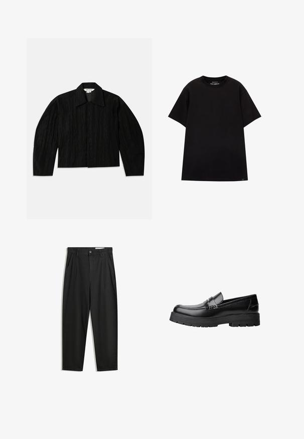Fekete cropped dzseki textúrált felülettel, széles gallérral és hosszú, enyhén felszűkült ujakkal. Rejtett elöl záródás jellemzi.; PULL&BEAR JOIN LIFE - Basic póló - black; Fekete pamut nadrág laza szabással, klasszikus derékrésszel, elülső hajtásokkal és oldalsó zsebekkel. Simább textúra minta nélkül.; Fekete bőr loaferek vastag, bordázott talppal és díszcsíkkal az upper rész felett, bal oldali profilmódban, fehér háttér előtt.
