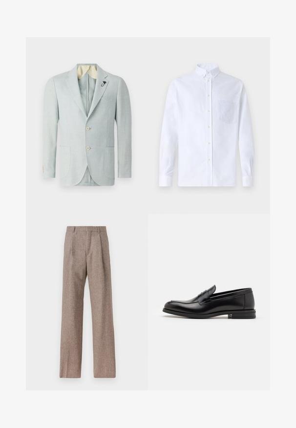 Šviesiai mėlynas lininis švarkas su dviem priekinėmis kišenėmis, dviem mygtukais ir kontrastinga kreminės spalvos pamušalu. Apdailos sagė ant atvartų.; Balta ilga rankovė mygtukų marškiniai, pagaminti iš medvilnės, su krūtine kišene ir toniniu siuvinėjimu, apykakle ir mygtukų apvadu.; Rudos, aukšto liemens kelnes, pagamintas iš tekstūruotos medžiagos. Plati kojos, dvi priekinės klostės struktūrai. Tvarkingas apdailos darbai, be matomų detalių.; Juodos odinės loafers, turinčios lygų paviršių, apvalią noselę ir dekoratyvinę juostą per priekinę dalį. Žemas krentantis kulnas, minimalistinis dizainas.