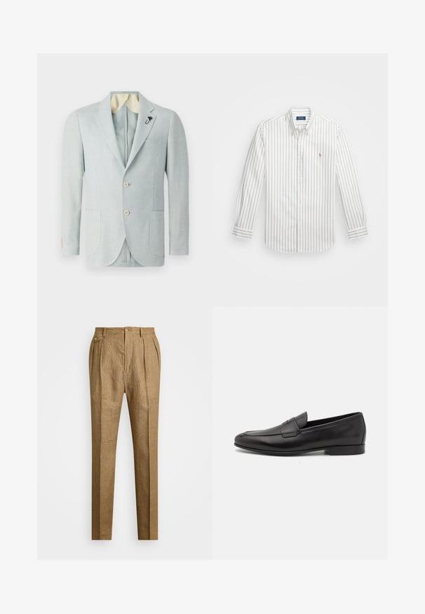 Light blue linen blazer with two front pockets, two buttons, and a contrasting cream-colored lining. Features a decorative pin on the lapel.; White button-up shirt with light blue vertical stripes, long sleeves, buttoned collar, and small embroidered logo on the left chest.; Brown checkered trousers with a structured fit, featuring a pleated front, two side pockets, and button closure. Smooth texture with a tailored design.; Black leather men's loafer with a low heel and a classic penny strap design, shown in side profile on a white background.