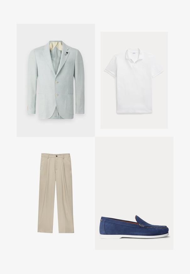 Helles blauer Leinenblazer mit zwei Vordertaschen, zwei Knöpfen und einem kontrastierenden cremefarbenen Futter. Verfügt über eine dekorative Nadel am Revers.; Weißes Poloshirt aus Baumwolle. Verfügt über einen klassischen Kragen, kurze Ärmel und ein gesticktes Logo auf der Brust. Glatte, leichte Struktur.; Beige Hosen mit geradem Schnitt, ausgestattet mit einem einzelnen schwarzen Knopf, Gürtelschlaufen und Seitentaschen. Glatte Stofftextur und minimalistisches Design.; Marineblaue Wildleder-Slipper mit weißer Gummisohle, kontrastierendem Zierstich und einem Slip-on-Design. Verfügt über einen kleinen goldfarbenen Akzent an der Seite.