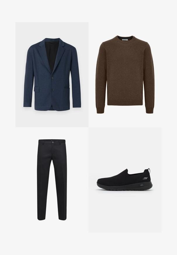 Marineblazer lavet af tekstureret stof, med en enkeltknap design, klapkrave, to frontlommer og to knapper.; Brun striktrøje med rund halsudskæring, lange ærmer, ribkantede manchetter og kant. Fremstillet af blødt, tekstureret materiale. Ingen mønstre eller detaljer synlige.; Sorte skræddersyede bukser lavet af et glat stof, som har knaplukning, bæltestropper og sidelommer, med et lige ben-design.; Sorte slip-on sneakers med en åndbar mesh-overdel, rund tå og polstret gummisål. Har et logo på siden.