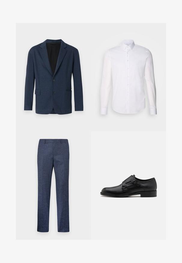 Navyblazer aus strukturiertem Stoff, mit einem einreihigen Design, Reverskragen, zwei Fronttaschen und zwei Knöpfen.; Weißes Langarm-Hemd aus Baumwolle, mit klassischem Kragen, vorderen Knöpfen und minimalen Nähdetails.; Marineblaue Hose aus einem strukturierten Stoff, mit geraden Beinen, flachem Vorderteil und zwei seitlichen Taschen. Keine sichtbaren Muster oder Akzente.; Schwarze Leder- Schnürschuhe mit doppelten Schnallen, schlanker Silhouette und runder Zehenpartie. Sie verfügen über einen niedrigen Absatz und eine glatte Textur.