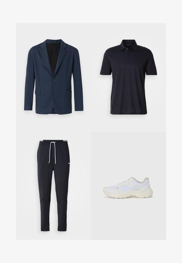 Blazer navy in tessuto testurizzato, con un design a un bottone, rever a notched, due tasche frontali e due bottoni.; Polo shirt corto a maniche corte di un blu navy scuro con colletto e patta con tre bottoni, esposto su uno sfondo chiaro e uniforme.; Pantaloni jogger slim-fit neri con cordoncino bianco, vita elastica con strisce bianche e piccolo logo bianco sulla coscia superiore.; Scarpe da ginnastica bianche in mesh e suede, con una suola intermedia testurizzata, dettagli testurizzati e il logo "HUGO" sul lato.