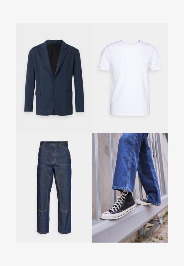 Jūras kara flotes bleizers, kas izgatavots no teksturētas auduma, ar vienu pogu, ar izgrieztiem uzvalku, divām priekšējām kabatām un divām pogām.; Balts īsām piedurknēm T-krekls no kokvilnas auduma ar apaļu kakla izgriezumu. Vienkāršs dizains bez rakstiem vai akcentiem. Gluda tekstūra.; Tumši zili džinsi ar augstu jostasvietu, taisnu kāju dizainu, kontrastējošām šuvēm un kabatām priekšā.; Melnas augstas kedas ar baltu zoli un auklām, apvienotas ar brīvām zilām džinsām, atpūšoties uz pelēka margotā balsta.
