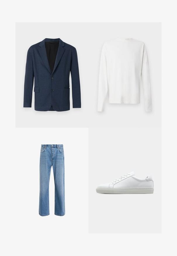 Blazer de marină, realizat dintr-un material texturat, cu un design cu un singur rând de nasturi, rever cu tăietură în unghi, două buzunare frontale și două nasturi.; Cămașă albă din bumbac cu mâneci lungi, decolteu rotund, fante pe laterale la baza, cu o textură netedă, expusă din spate.; Jeans din denim bleu deschis cu un design drept, cinci buzunare, închidere cu buton, decolorare minimă și detalii de cusătură în contrast.; Adidași albi cu o suprafață din piele netedă și un profil jos. Au un vârf rotunjit, șase orificii pentru șireturi și o talpă din cauciuc texturată.